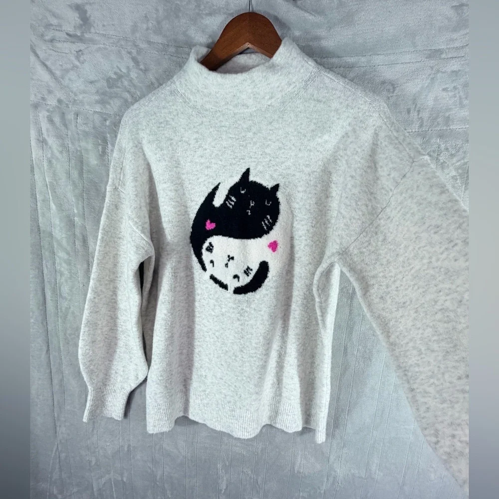 LOFT womens mock neck cat graphic sweater size large gray soft knit